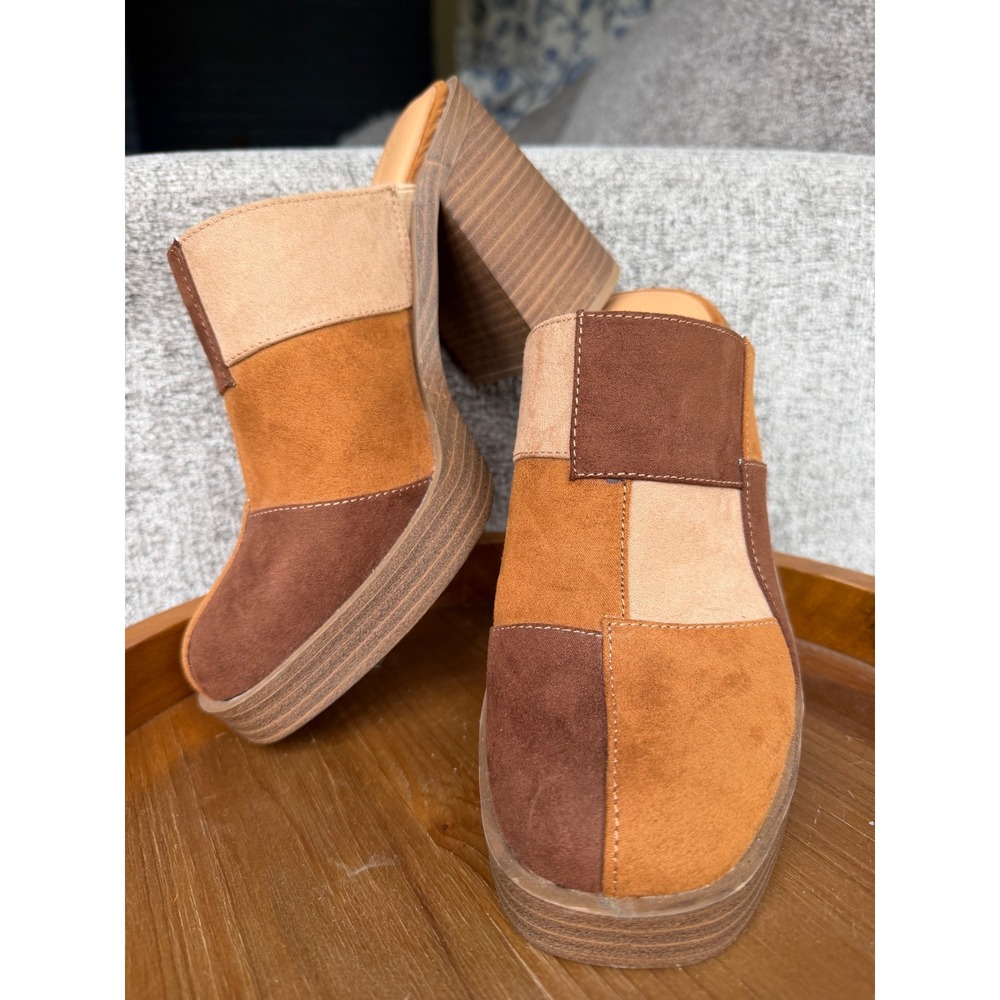 Patchwork Platform Mules Brown Tan Block Heel Size 7 Womens Universal Thread